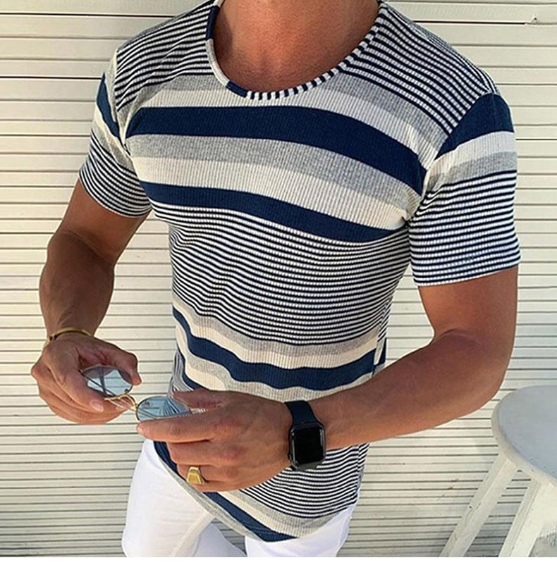 Men's Stripe Streetwear Round Neck Short Sleeve Slim Men's T-shirt