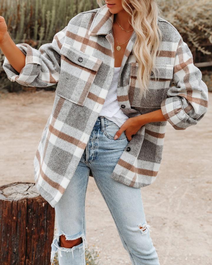 women's british style plaid pocket single breasted coat woolen coat