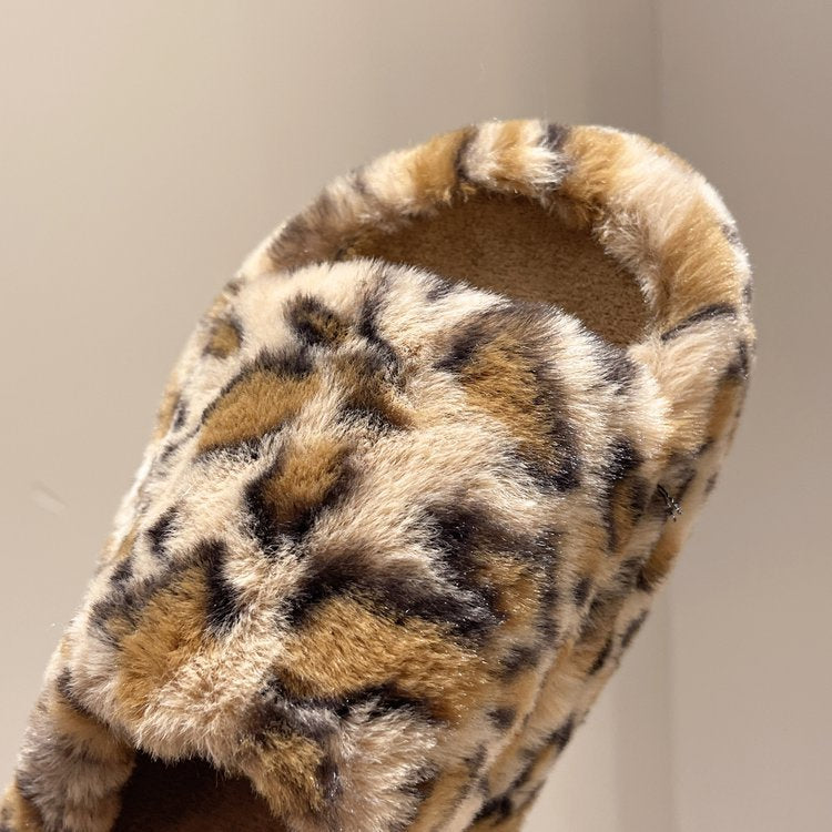 Leopard Print Korean Style Fur Slipper One-Word Outerwear 2024 Winter Warm Slugged Bottom Cotton Slippers Home Plush Shoes