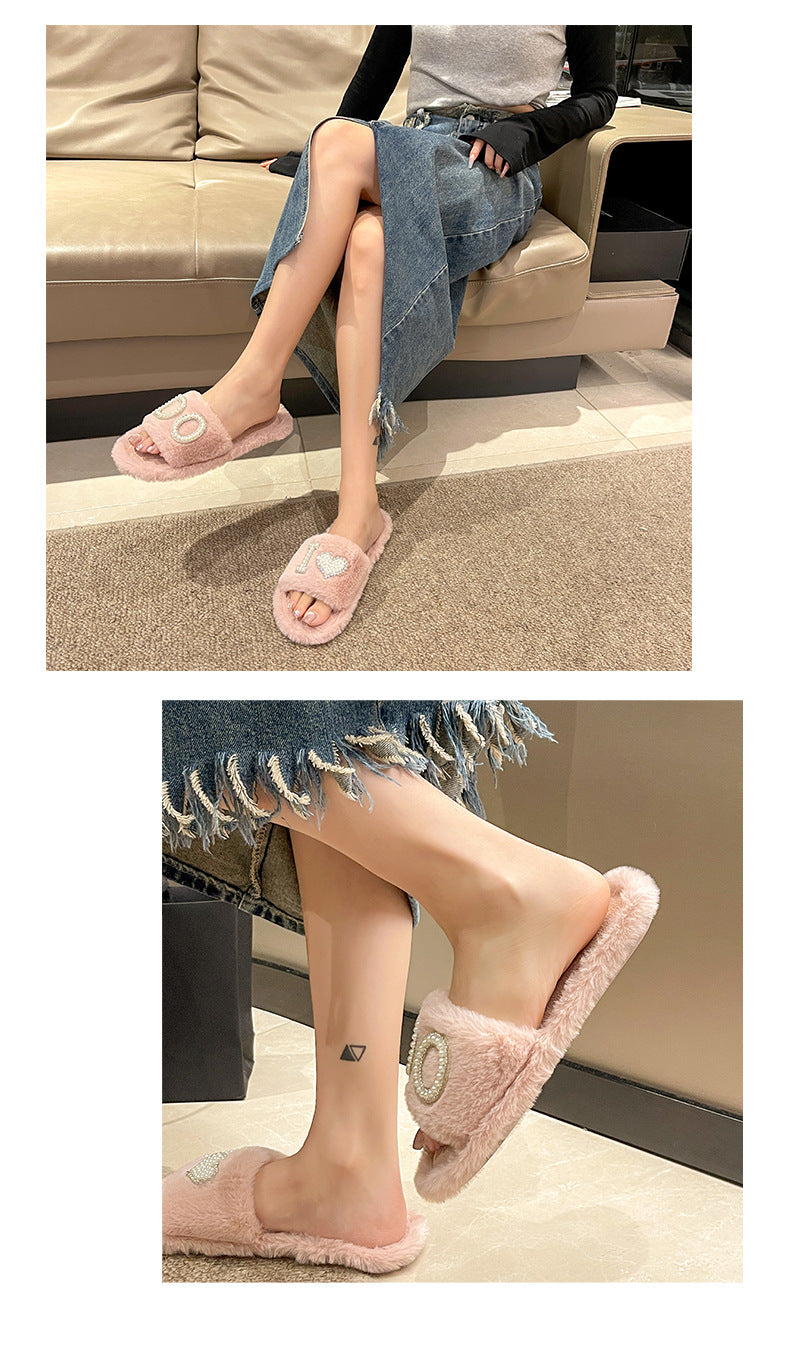 2024  New Rhinestone Fluffy Slippers Female Interior Home Light Diamond Letter Fashion Word Cotton Slippers