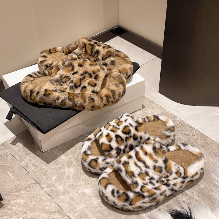 Leopard Print Korean Style Fur Slipper One-Word Outerwear 2024 Winter Warm Slugged Bottom Cotton Slippers Home Plush Shoes