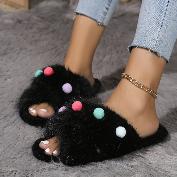 Flower Fluffy Slippers Women's Autumn and Winter 2024 New Outdoor Platform Open Toe Slippers Women's Shoes