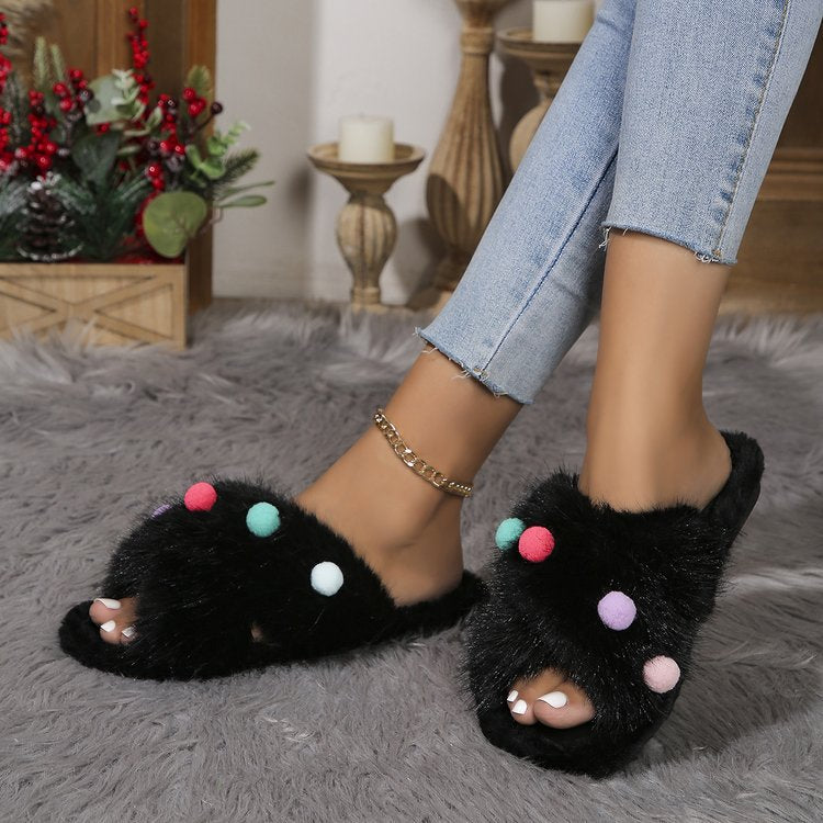 Flower Fluffy Slippers Women's Autumn and Winter 2024 New Outdoor Platform Open Toe Slippers Women's Shoes