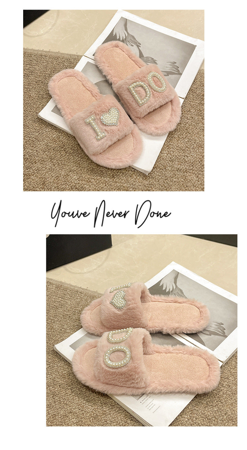 2024  New Rhinestone Fluffy Slippers Female Interior Home Light Diamond Letter Fashion Word Cotton Slippers