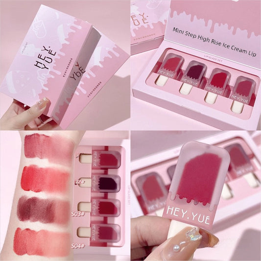 HEY.YUE step by step up ice cream lip glaze four sets of matte fog surface non-stick Cup cheap gift