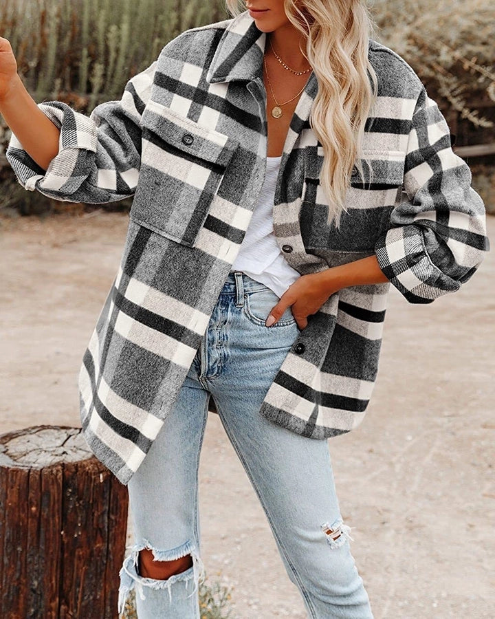 women's british style plaid pocket single breasted coat woolen coat