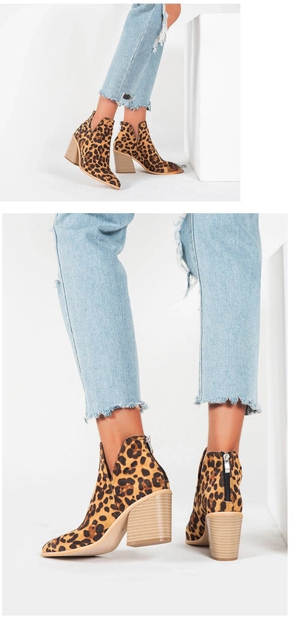 Leopard print short boots women  Spring and Autumn new  Europe and the United States high heel Martin boots thick heel pointed and naked boots for children