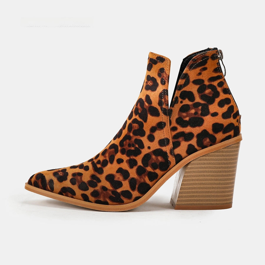 Leopard print short boots women  Spring and Autumn new  Europe and the United States high heel Martin boots thick heel pointed and naked boots for children