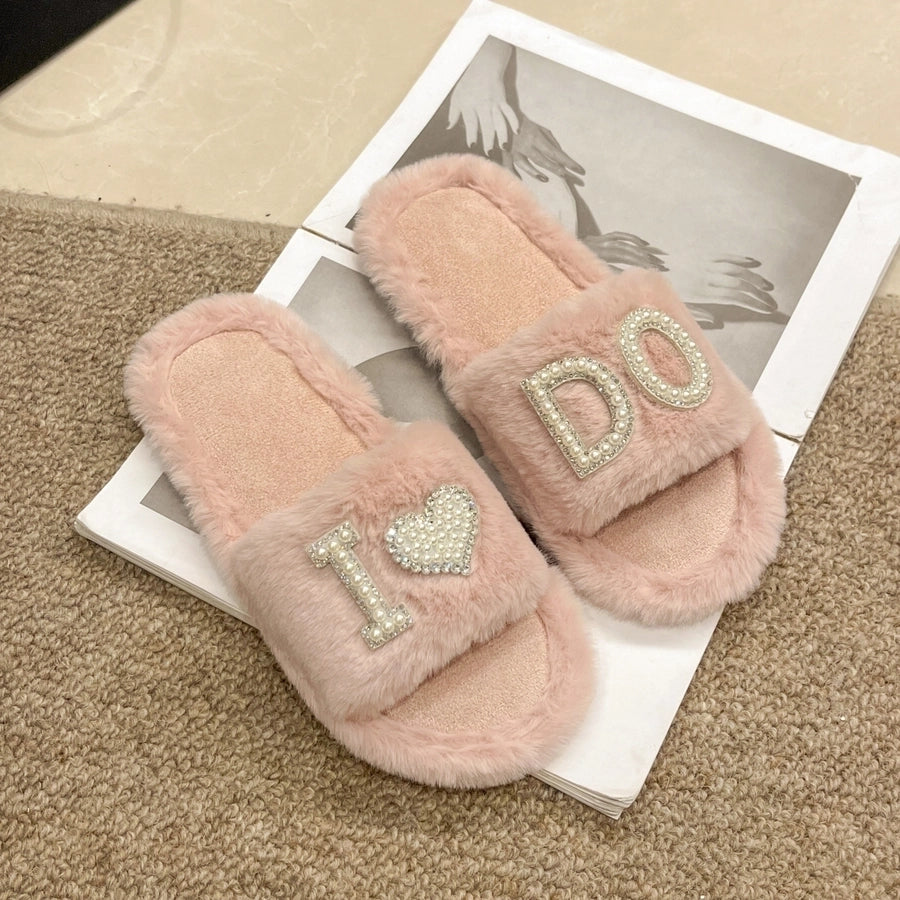 2024  New Rhinestone Fluffy Slippers Female Interior Home Light Diamond Letter Fashion Word Cotton Slippers