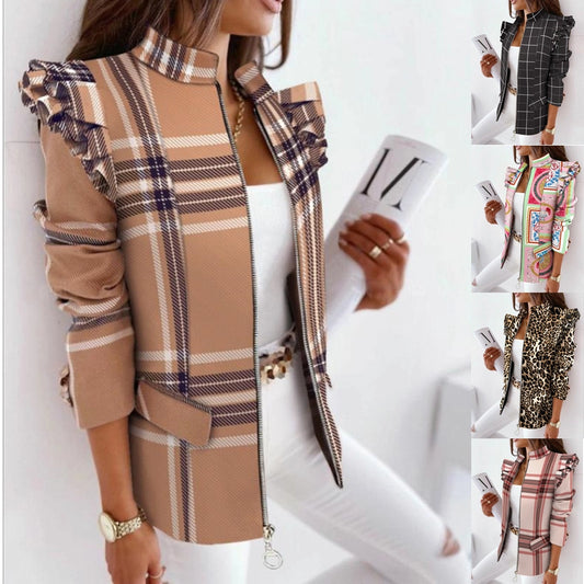 women's british style stripe leopard zipper coat blazer