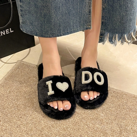 2024  New Rhinestone Fluffy Slippers Female Interior Home Light Diamond Letter Fashion Word Cotton Slippers