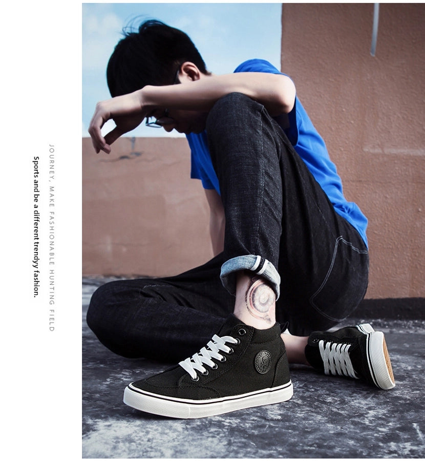 High-top Cloth Shoes Lace-up Casual Shoes Trendy Shoes Korean All-black Basic Skate Shoes Men's Student Flat Shoes