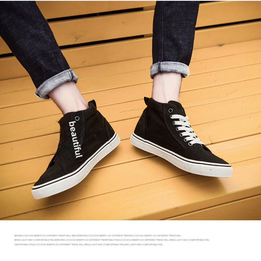 High-top Cloth Shoes Lace-up Casual Shoes Trendy Shoes Korean All-black Basic Skate Shoes Men's Student Flat Shoes