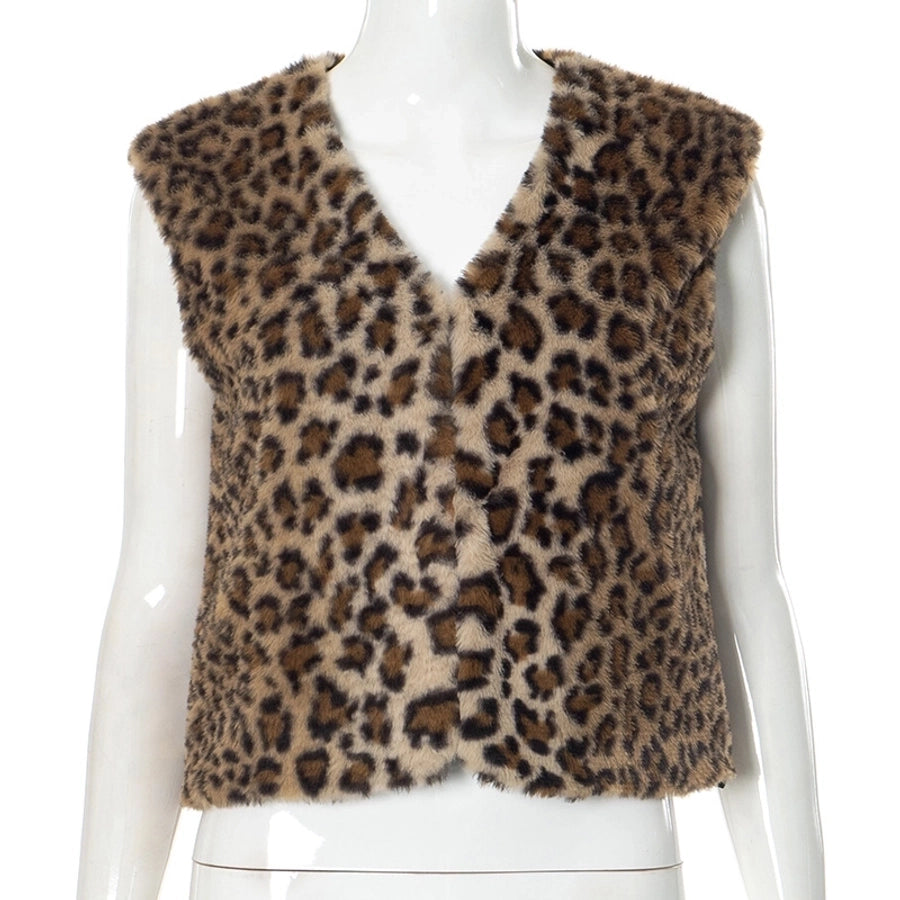 Women's Streetwear Leopard Hidden Buckle Cardigan Vest