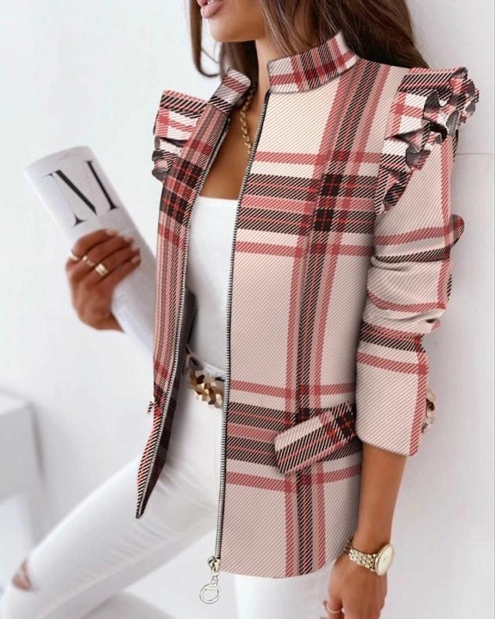 women's british style stripe leopard zipper coat blazer