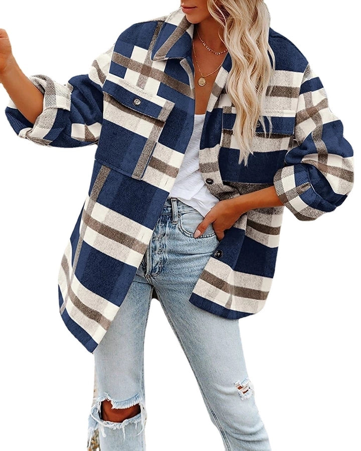 women's british style plaid pocket single breasted coat woolen coat