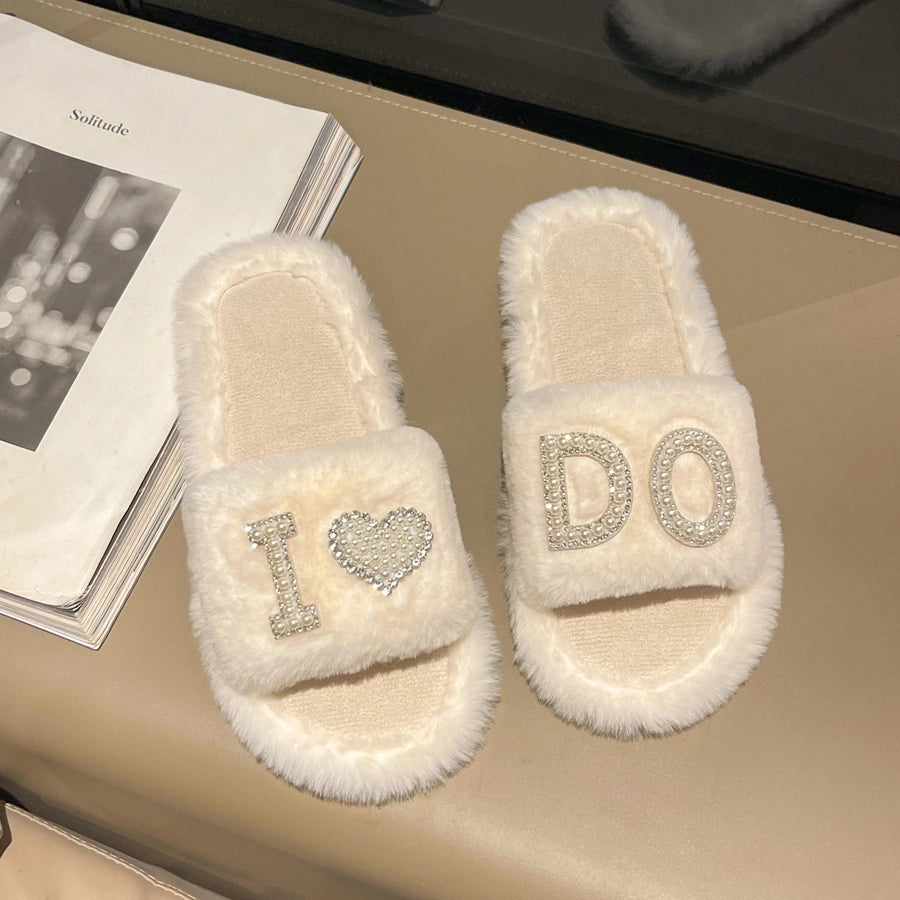 2024  New Rhinestone Fluffy Slippers Female Interior Home Light Diamond Letter Fashion Word Cotton Slippers