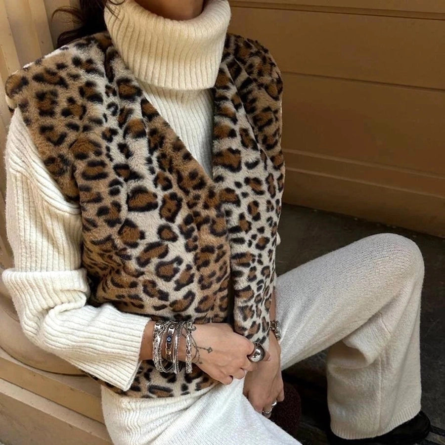 Women's Streetwear Leopard Hidden Buckle Cardigan Vest