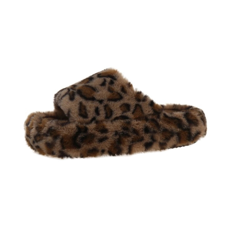 Leopard Print Korean Style Fur Slipper One-Word Outerwear 2024 Winter Warm Slugged Bottom Cotton Slippers Home Plush Shoes