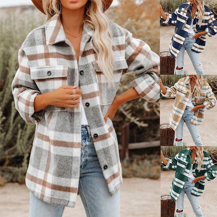 women's british style plaid pocket single breasted coat woolen coat