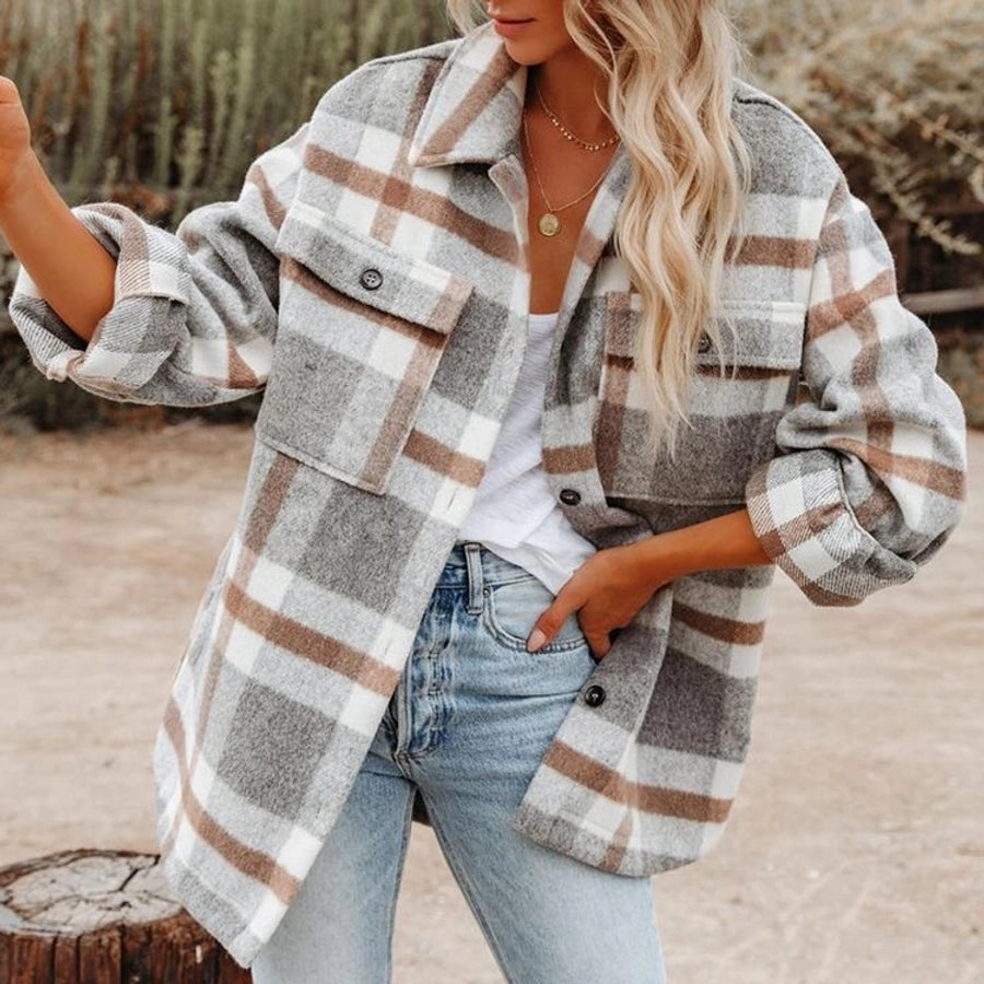 women's british style plaid pocket single breasted coat woolen coat