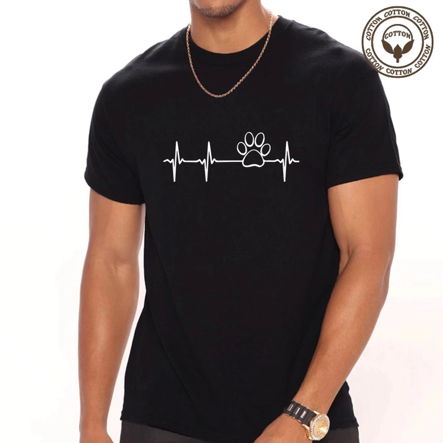 Men's Electrocardiogram Paw Print Casual Round Neck Short Sleeve Regular Fit Men's T-shirt