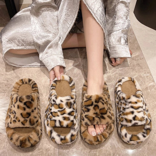 Leopard Print Korean Style Fur Slipper One-Word Outerwear 2024 Winter Warm Slugged Bottom Cotton Slippers Home Plush Shoes