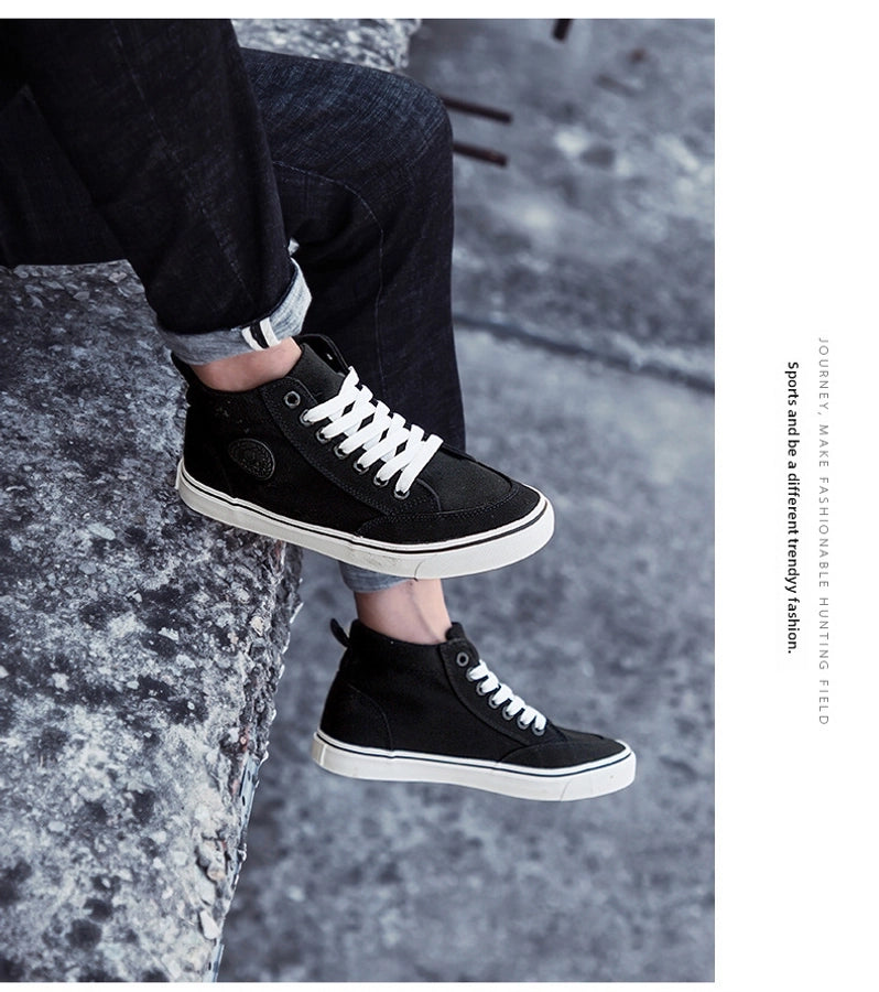 High-top Cloth Shoes Lace-up Casual Shoes Trendy Shoes Korean All-black Basic Skate Shoes Men's Student Flat Shoes