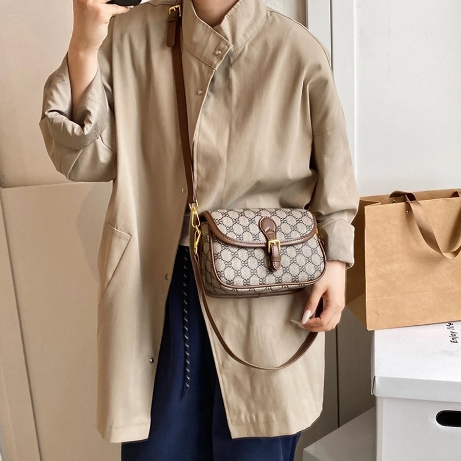 Women's Medium Pu Leather Color Block Basic Classic Style Sewing Thread Square Zipper Flip Cover Crossbody Bag