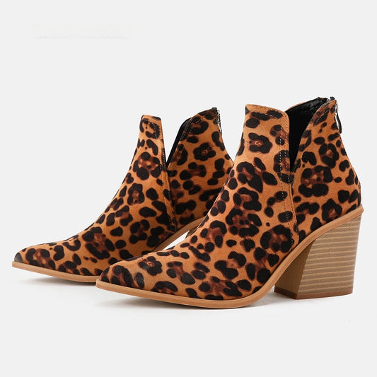 Leopard print short boots women  Spring and Autumn new  Europe and the United States high heel Martin boots thick heel pointed and naked boots for children