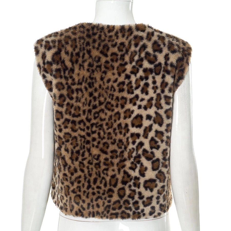 Women's Streetwear Leopard Hidden Buckle Cardigan Vest