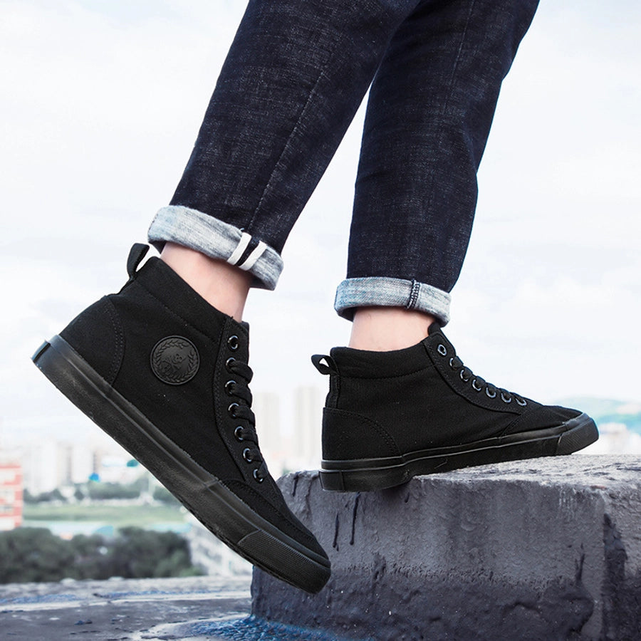 High-top Cloth Shoes Lace-up Casual Shoes Trendy Shoes Korean All-black Basic Skate Shoes Men's Student Flat Shoes