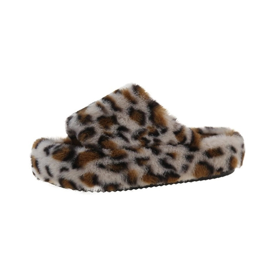 Leopard Print Korean Style Fur Slipper One-Word Outerwear 2024 Winter Warm Slugged Bottom Cotton Slippers Home Plush Shoes