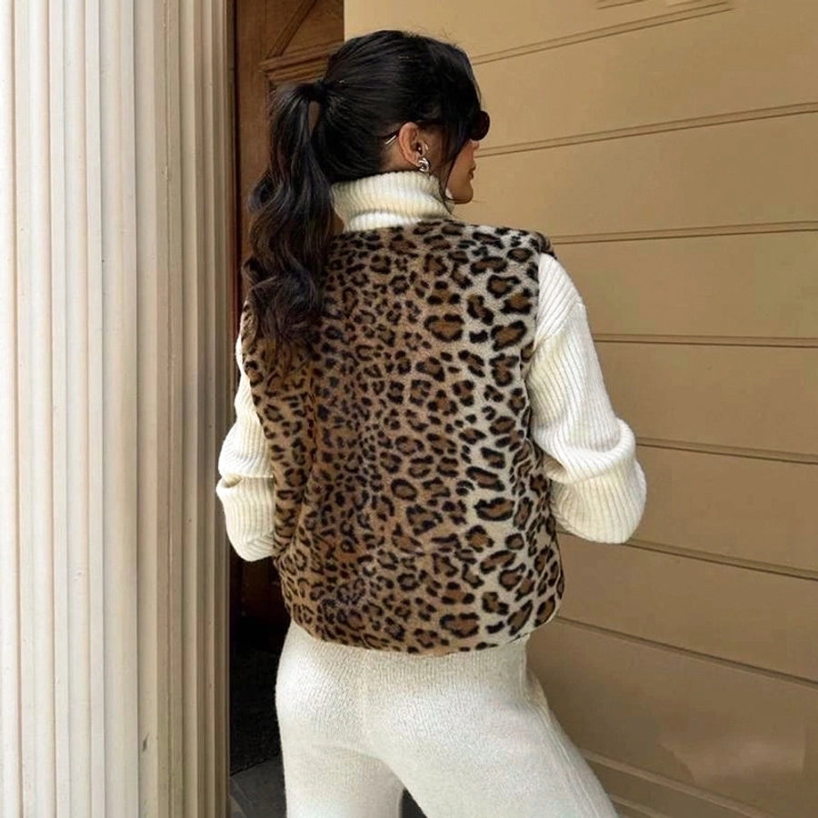 Women's Streetwear Leopard Hidden Buckle Cardigan Vest