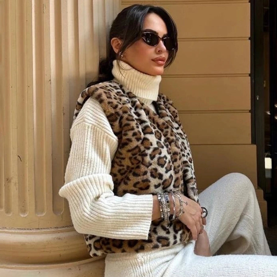 Women's Streetwear Leopard Hidden Buckle Cardigan Vest