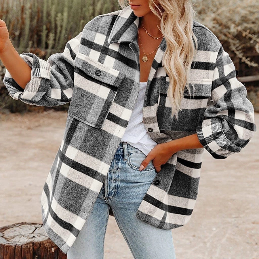 women's british style plaid pocket single breasted coat woolen coat